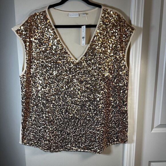 New York & Company Womens Gold Cream‎ Tan Sequin Top Size Large NWT! - Picture 1 of 8